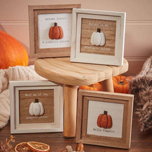 Four Autumn Pumpkin 3D Framed Plaque With Quotes are displayed on a wooden stool and surface, each featuring pumpkin illustrations and text. Signs read: “Autumn leaves & pumpkins please,” “Autumn is my favourite colour,” "Meet me at the pumpkin patch," and “Hello Pumpkin.” Perfect for autumn pumpkin home decor.