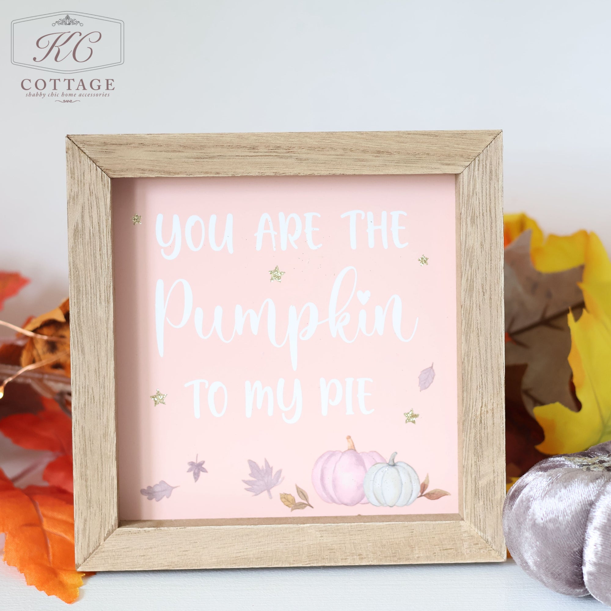 The Autumn Pumpkin to My Pie Sign features a charming pink background with the message "You are the pumpkin to my pie" elegantly displayed in white cursive text. The wooden frame is beautifully decorated with illustrations of pastel pumpkins and autumn leaves, some of which extend around it, creating an enchanting autumnal decor piece.