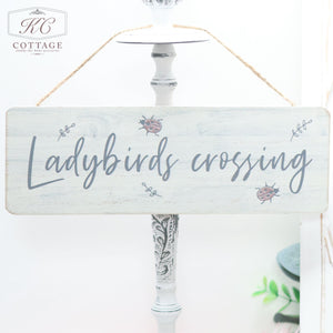 A wooden sign hanging by a rope reads "Ladybirds crossing" in cursive text. The Wooden Garden Hanging Plaques are adorned with small ladybird illustrations on a whitewashed background, perfect for any nature lover's garden. The Wooden Garden Hanging Plaques are charmingly placed in front of a white decorative lamp or post.