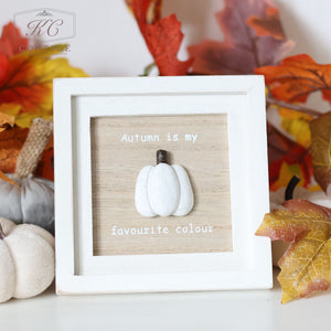 The Autumn Pumpkin 3D Framed Plaque With Quotes features a small white pumpkin at its center, encased in a square picture frame with a white border. The frame is set against a wooden background that displays the text "Autumn is my favourite colour." Surrounding the frame are colorful autumn leaves in shades of orange, yellow, and red.