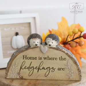 The Autumn Woodland Animal Ornament with Bark Effect Base and Quote showcases two charming hedgehog figurines sitting atop a bark-textured base, accompanied by the heartwarming text "Home is where the hedgehugs are." In the background, a framed autumn-themed artwork featuring a small white pumpkin and vibrant fall leaves enhances its enchanting appeal.