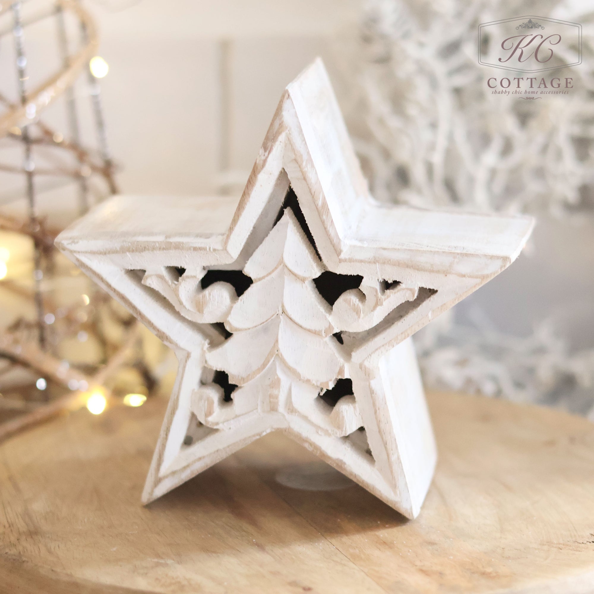 Christmas Mango Wood Carved Star Block Small Whitewashed Finish