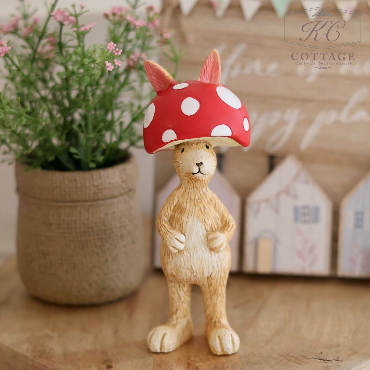 Standing Bunny Ornament with Mushroom Hat