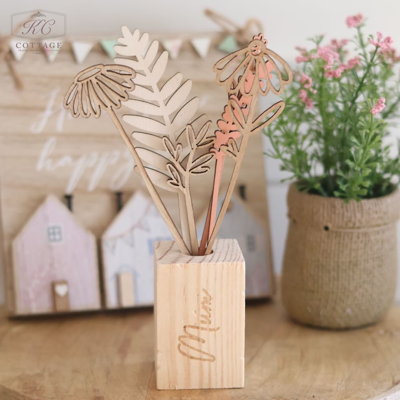 Wooden Flower Stems In Mum Etched Wooden Holder