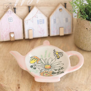 Stoneware Pink Floral and Bee Tea bag Tidy