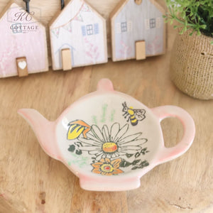 Stoneware Pink Floral and Bee Tea bag Tidy