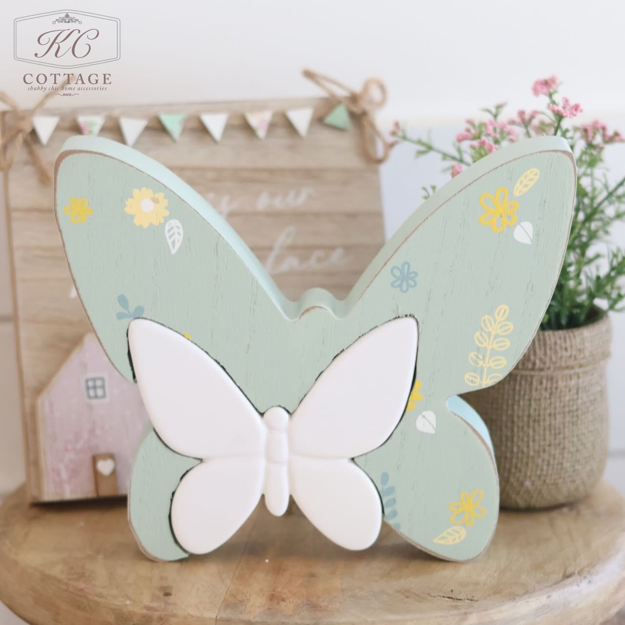 Light Green Standing Wooden Floral Butterfly