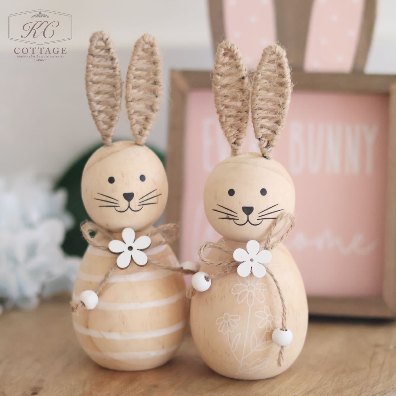 Easter Standing Wooden Bunny with Flower & Line Design