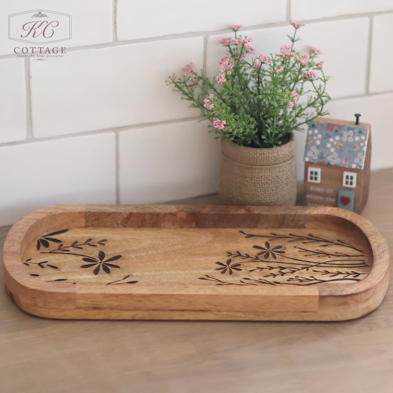 Rustic Wooden Etched Tray with Black Flowers