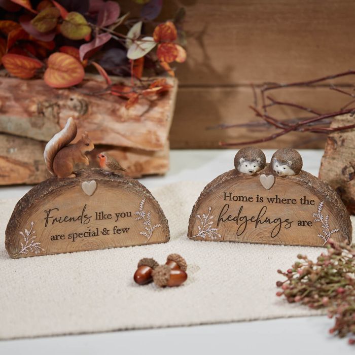 Two decorative wooden blocks with a charming bark effect base. The left one, adorned with a squirrel and a robin, features an inspiring quote: "Friends like you are special & few." The right one, topped with two hedgehogs, reads: "Home is where the hedgehogs are." Autumn leaves and acorns surround this delightful Autumn Woodland Animal Ornament With Bark Effect Base and Quote.